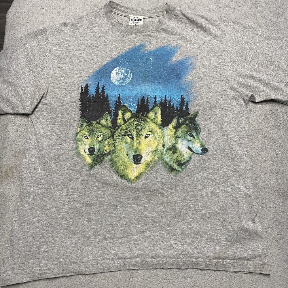 Vintage‎ Wolf T Shirt Mens XL Gray Double Sided Graphic Noon Nature 90s USA